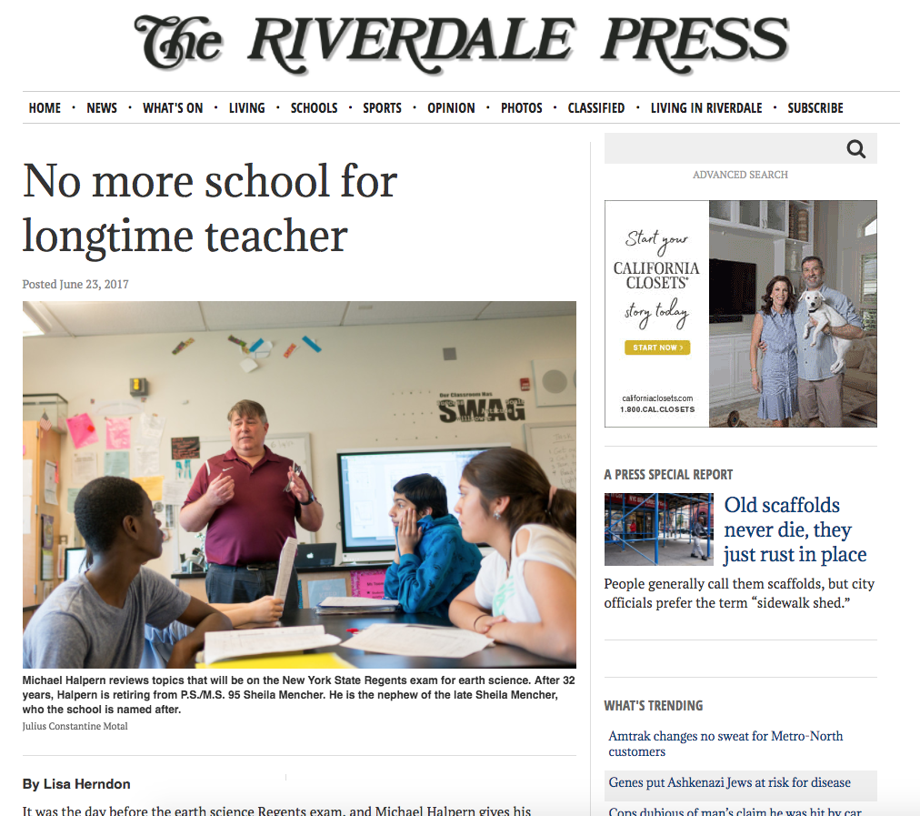 Riverdale Press Article: No more school for longtime teacher