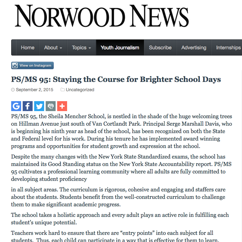 Norwood News Article: PS/MS 95 staying the course for brighter school days