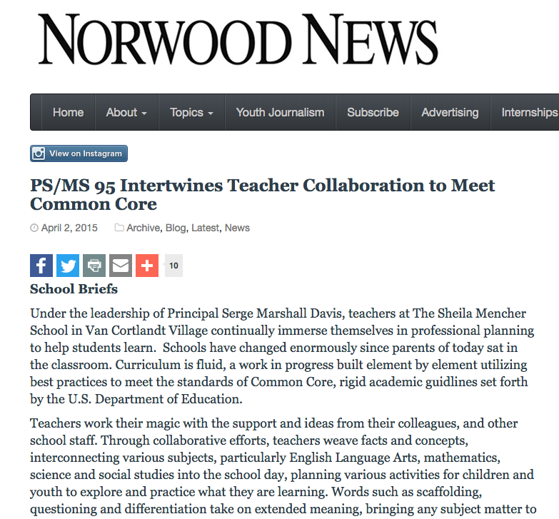 Norwood News Article: PS/MS 95 intertwines teacher collaboration to meet common core