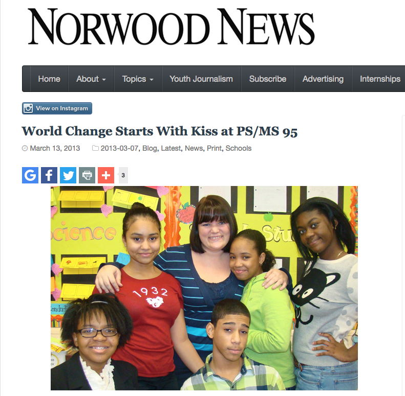 Norwood News Article: World change starts with kiss at PS/MS 95