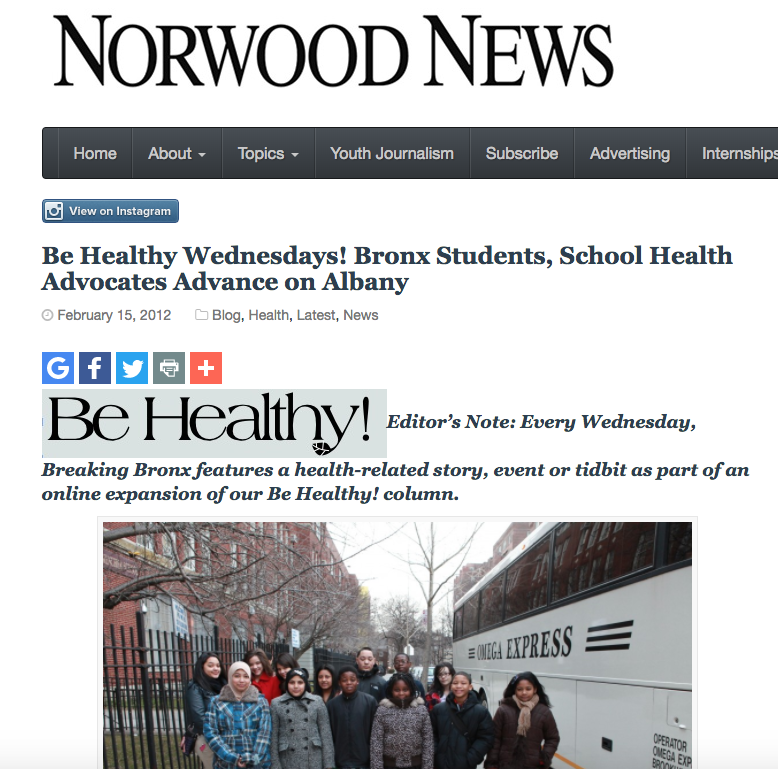 Norwood News Article: Be healthy Wednesdays! Bronx students, school health advocates advance on Albany