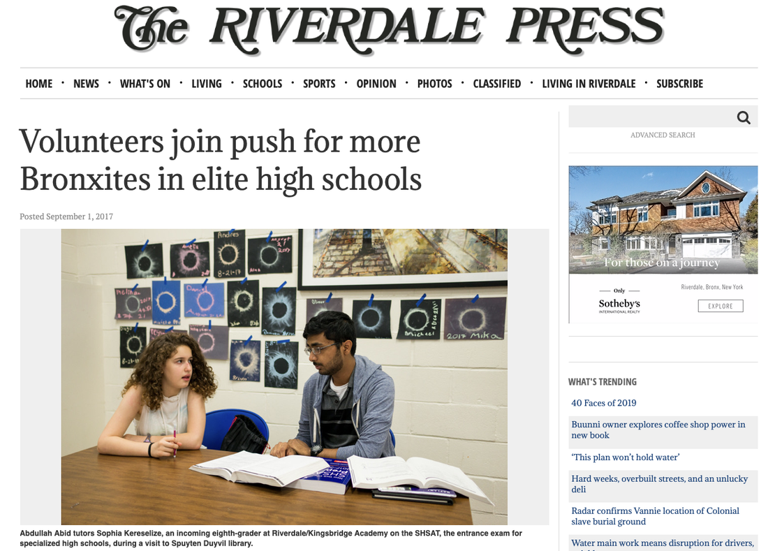 Riverdale Press Article: Volunteers join push for more Bronxites in elite high schools
